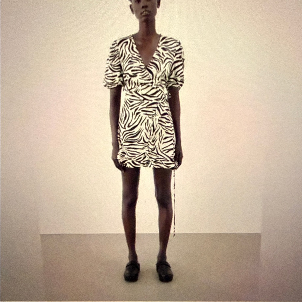 Zara Black and White Animal Print Linen Blend Mini Dress